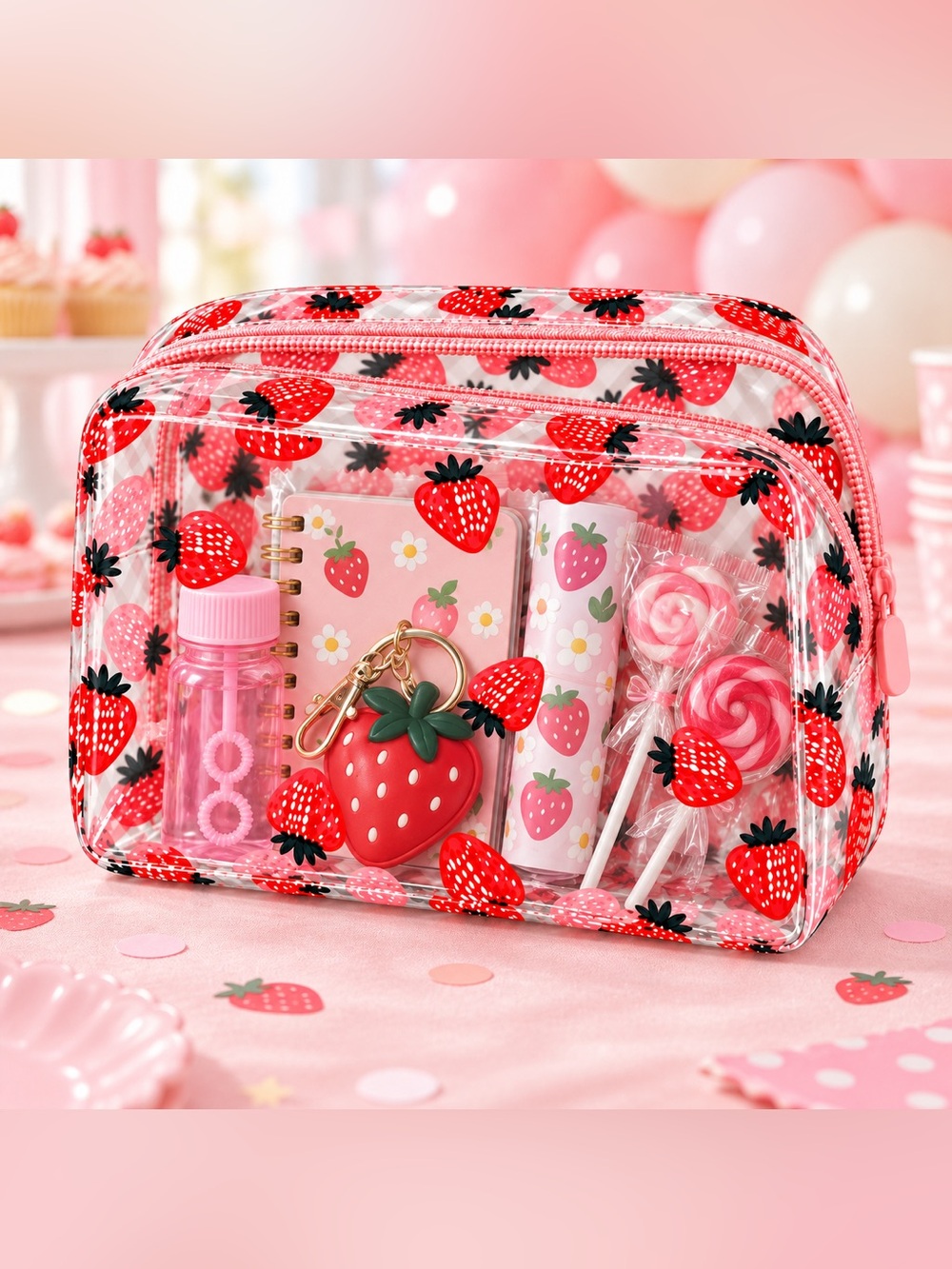 Clear Strawberry Print Cosmetic Bag - Picture 5 of 5